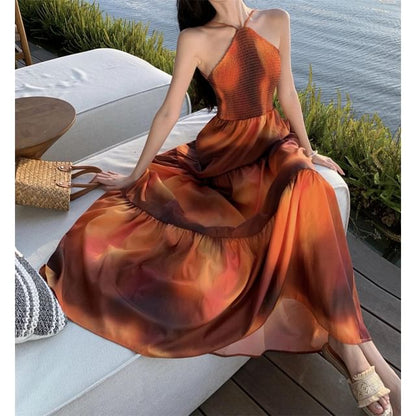 Halter Neck Tie Dye Smocked Open Back Maxi A-Line Dress
