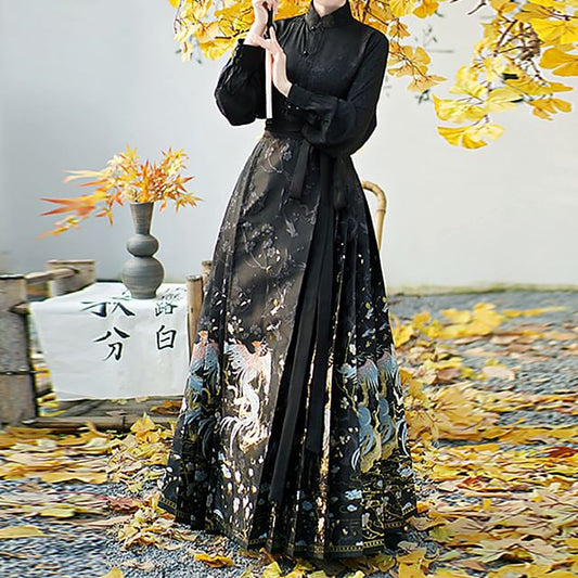 Traditional Chinese Long-Sleeve Stand Collar Plain Floral Jacquard Button-Up Top / High Rise Print Pleated Maxi A-Line Skirt