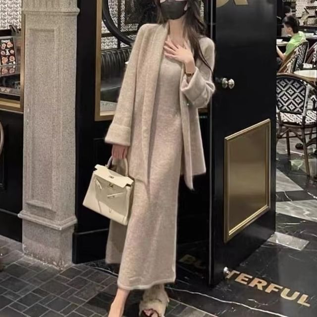 Long Cardigan with Sleeveless Knit Smock Maxi