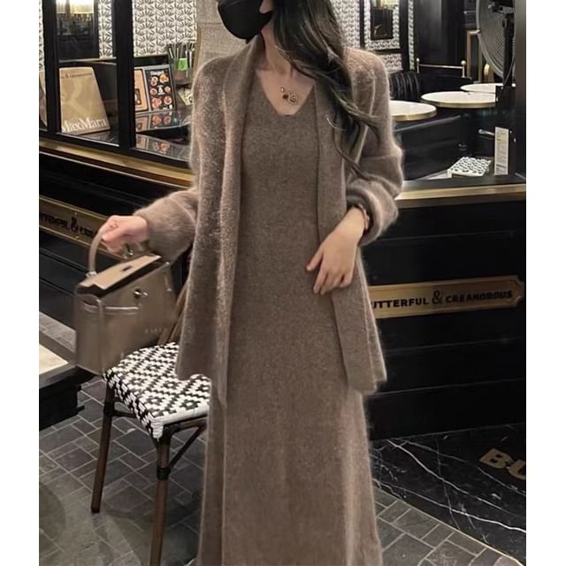 Long Cardigan with Sleeveless Knit Smock Maxi
