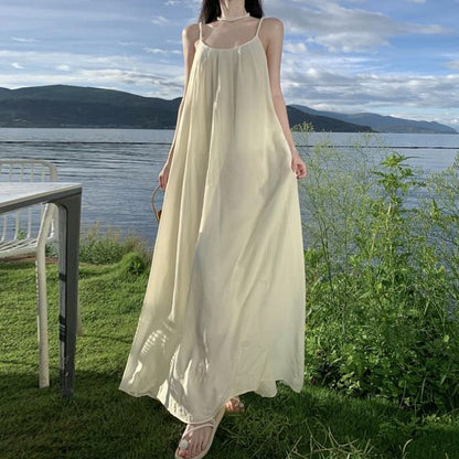 Spaghetti Strap Scoop Neck Plain Open Back Maxi A-Line Dress