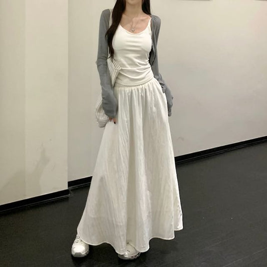 Scoop Neck Top with Maxi Skirt and Cardigan Set