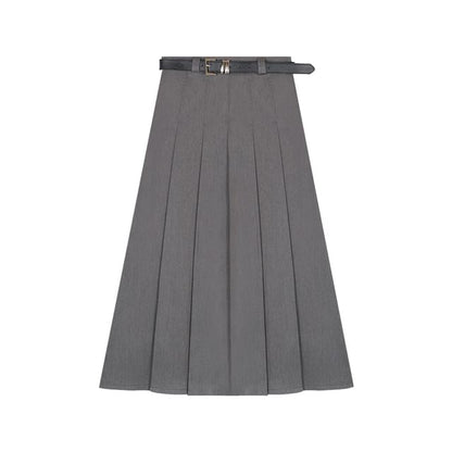 High-Rise Belted A-Line Pleated Skirt Ensemble