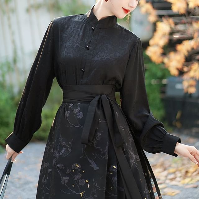 Traditional Chinese Long-Sleeve Stand Collar Plain Floral Jacquard Button-Up Top / High Rise Print Pleated Maxi A-Line Skirt