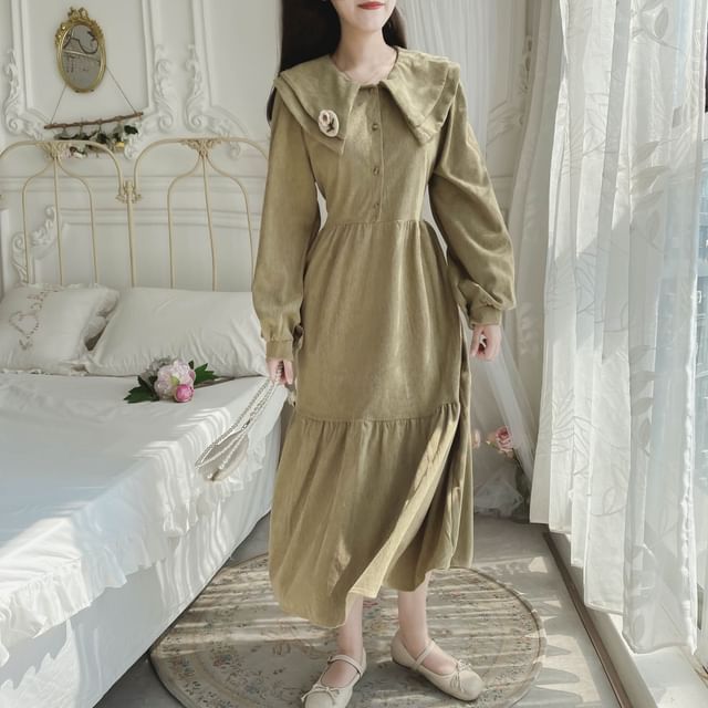 Long-Sleeve Collar Plain Corduroy Midi A-Line Dress