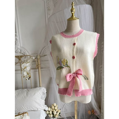 Long-Sleeve Collar Plain Bow Button Midi A-Line Dress / Crew Neck Floral Button Sweater Vest