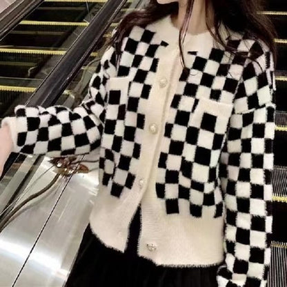 Crew Neck Checkerboard Cardigan