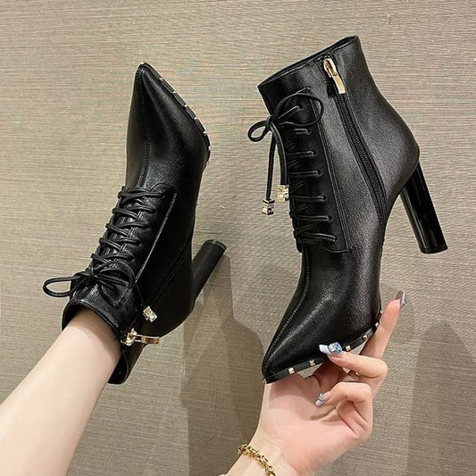 Ankle High Boots Heel Lace-Up Pointed