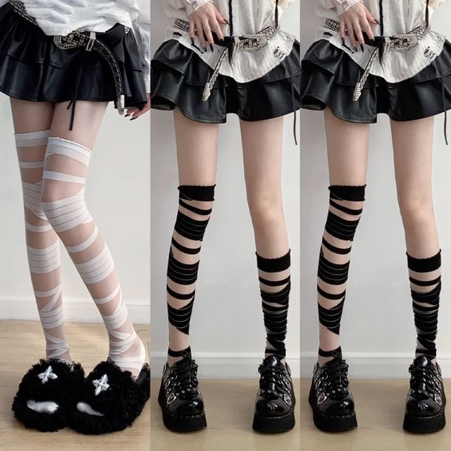 Mesh Panel Over-the-Knee Socks / Set