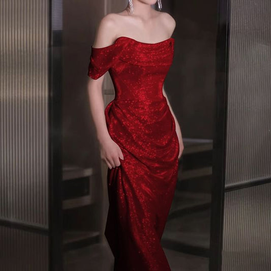 Plain A-Line Glitter Off-Shoulder Evening Gown