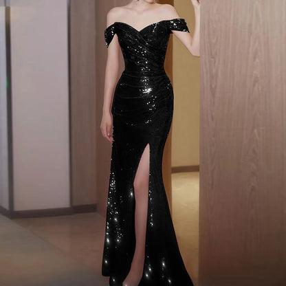 Off-Shoulder Plain Sequin Ruched Trained Slit Mermaid Evening Gown