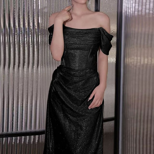 Evening Gown Off-Shoulder Glitter Plain A-Line Ruched