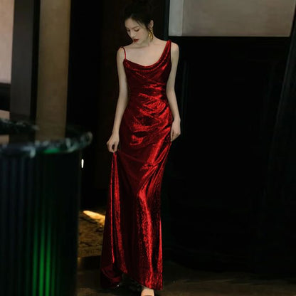 Open Evening Spaghetti Back Strap Cowl Plain Sequin Neck Gown Mermaid