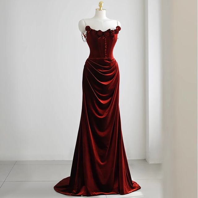 Off-Shoulder Plain Floral Accent Ruched Trained Corset Velvet Mermaid Evening Gown