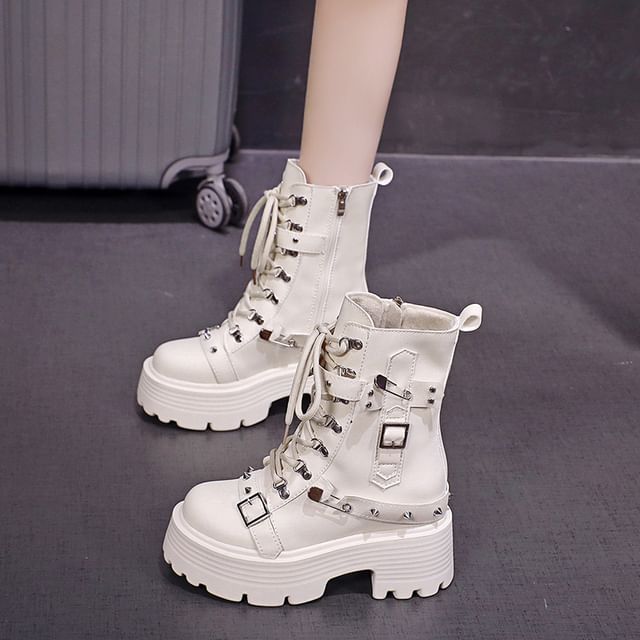 Faux Leather Platform Chunky Heel Buckled Lace-Up Short Boots