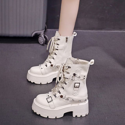 Faux Leather Platform Chunky Heel Buckled Lace-Up Short Boots