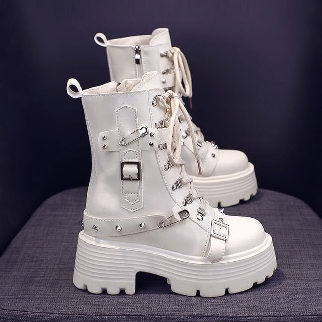 Faux Leather Platform Chunky Heel Buckled Lace-Up Short Boots