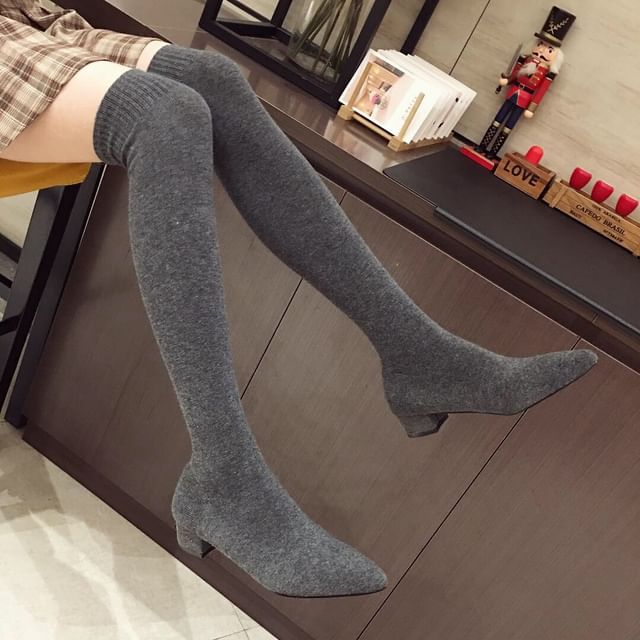 Pointy Toe Chunky Heel Over-the-Knee Sock Boots