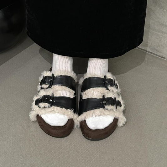 Buckled Fleece-Lined Platform Slide Sandals