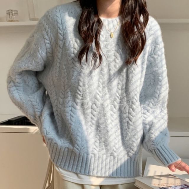 Crew Neck Plain Cable Knit Sweater