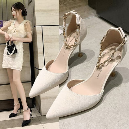 Pointed Toe Faux Pearl Ankle Strap D'Orsay Pumps