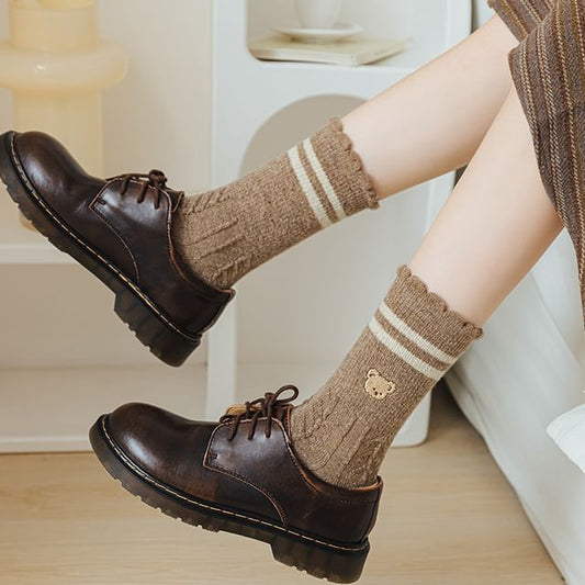 Bear Embroidered Striped Socks