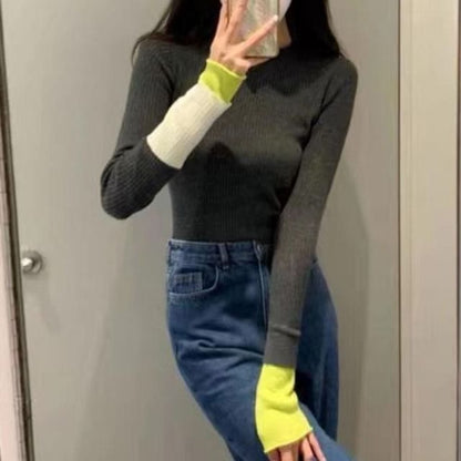 Long-Sleeve Crew Neck Two Tone Knit Top
