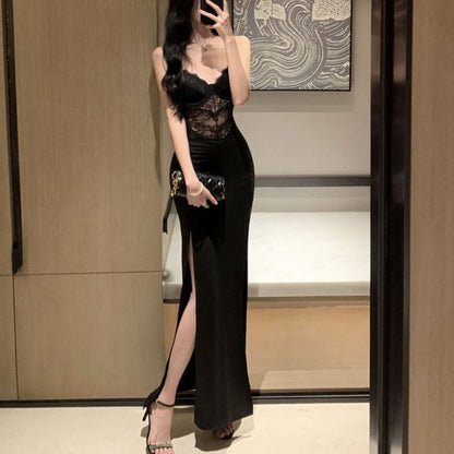 Slit Lace Panel Sheath Maxi with Thin Straps