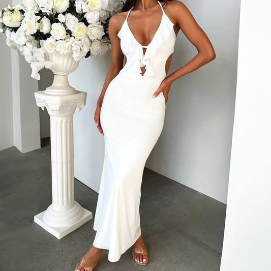 Halter Ruffle Maxi Sheath Gown