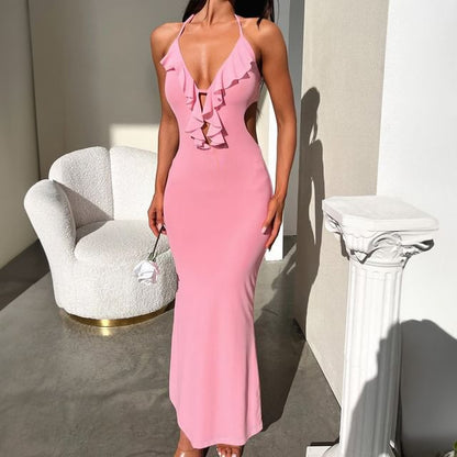 Halter Ruffle Maxi Sheath Gown