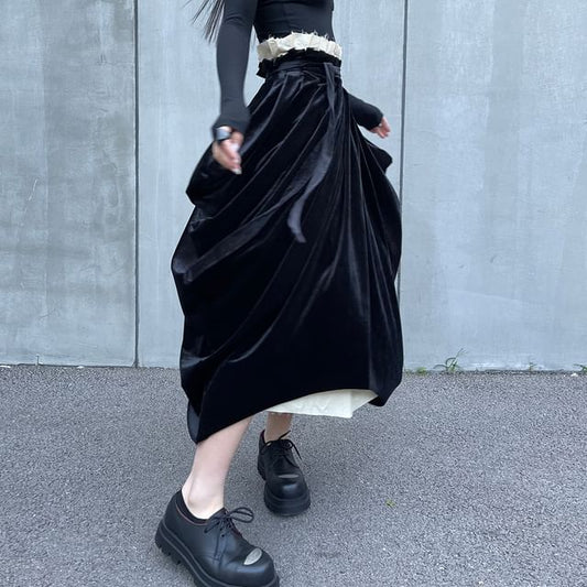 Ruched Velvet Panel Midi Skirt with Two-Piece Look