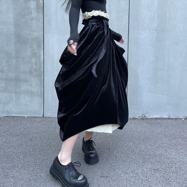 Ruched Velvet Panel Midi Skirt with Two-Piece Look