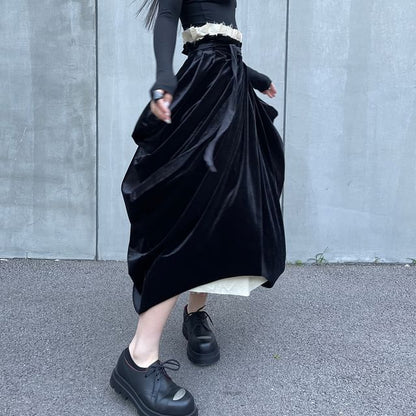 Ruched Velvet Panel Midi Skirt with Two-Piece Look