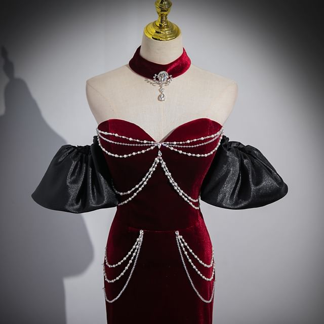 Sweetheart Evening Gown Sheath Trained Chained Neckline Off Shoulder