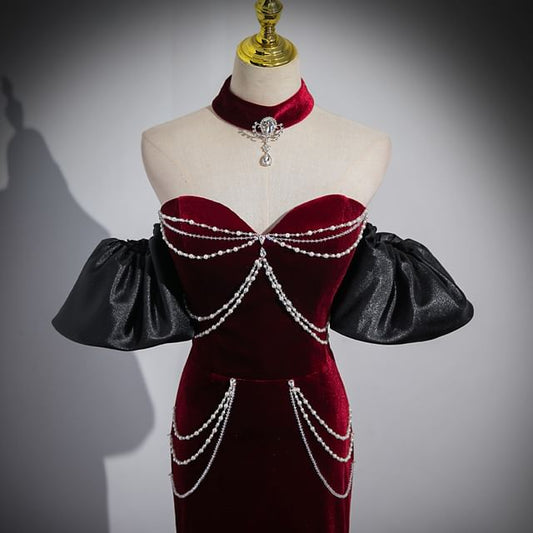 Sweetheart Evening Gown Sheath Trained Chained Neckline Off Shoulder