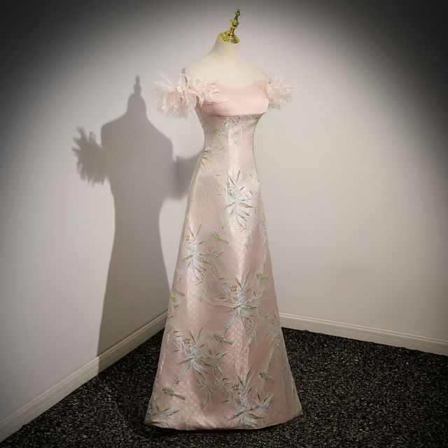 A-Line Print Evening Shoulder Off Gown