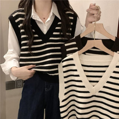 Vest V-Neck Striped Knit