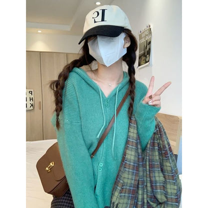 Cardigan Hooded Button-Up Plain