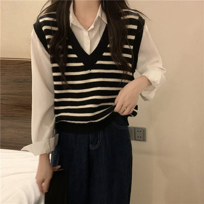 Vest V-Neck Striped Knit