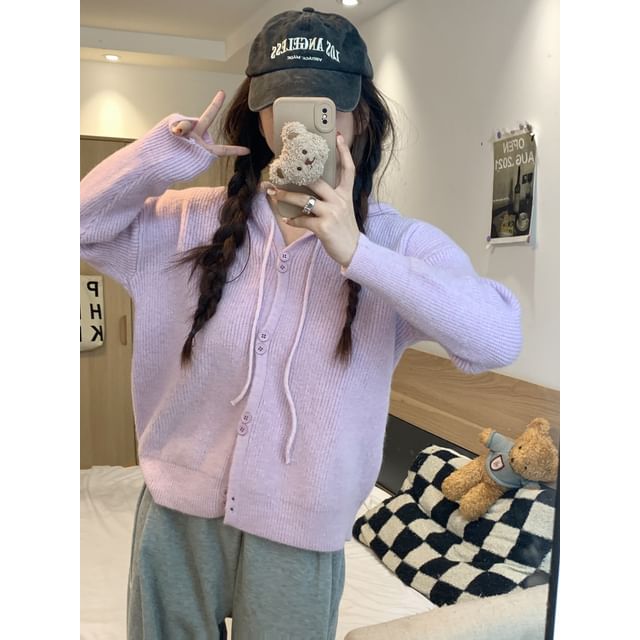 Cardigan Hooded Button-Up Plain