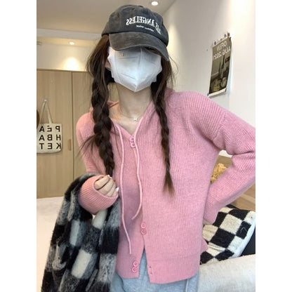 Cardigan Hooded Button-Up Plain