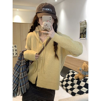 Cardigan Hooded Button-Up Plain