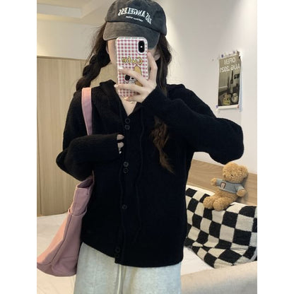 Cardigan Hooded Button-Up Plain