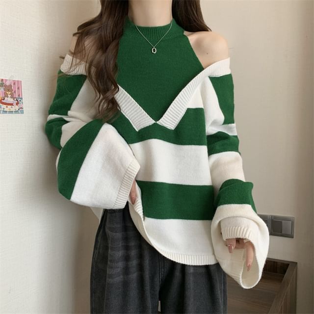 Sweater Mock Two-Piece Long-Sleeve Striped