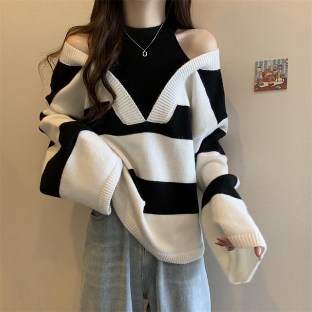Sweater Mock Two-Piece Long-Sleeve Striped