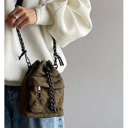 Drawstring Quilted Nylon Bucket Bag