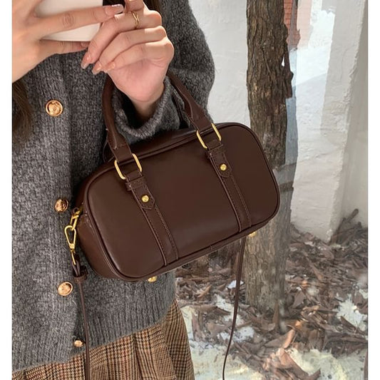 Plain Faux Leather Top Handle Crossbody Bag