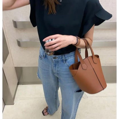 Plain Faux Leather Bucket Bag