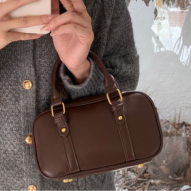 Plain Faux Leather Top Handle Crossbody Bag