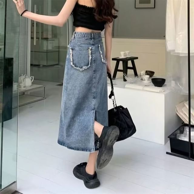 Washed Denim High-Rise Midi Skirt